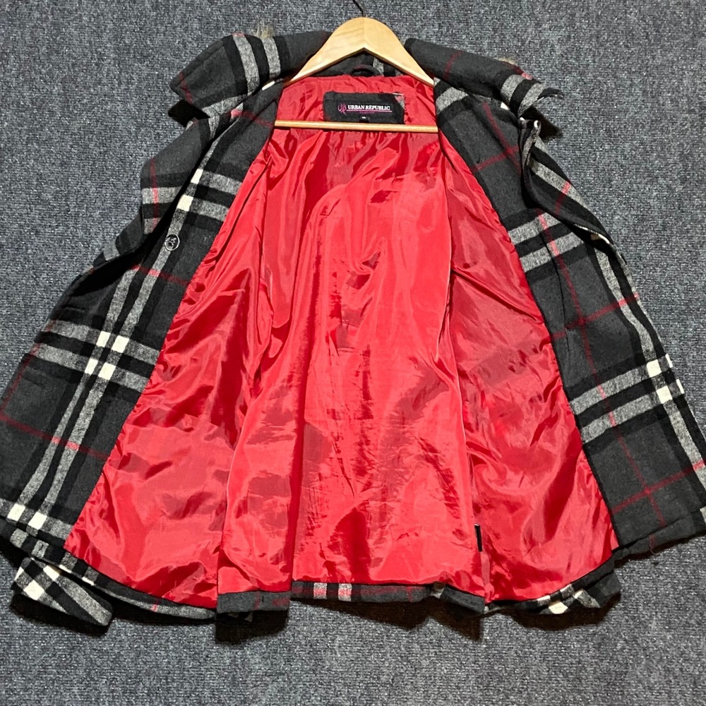 Urban Republic Women's XL Plaid Double Breasted‎ Pea Coat Faux Fur Hood Pockets - Picture 9 of 14